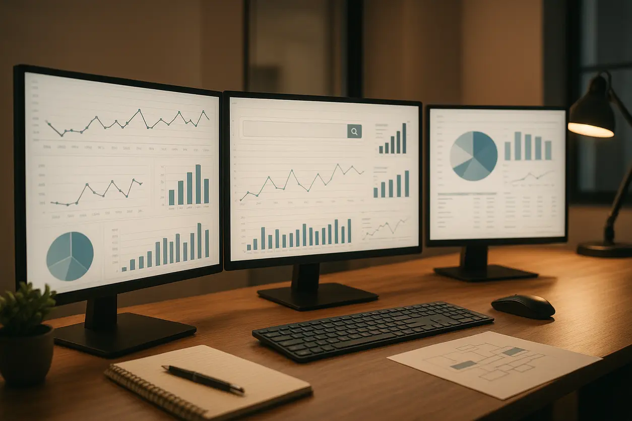 SEO analytics dashboard displayed on multiple computer monitors in a modern tech office