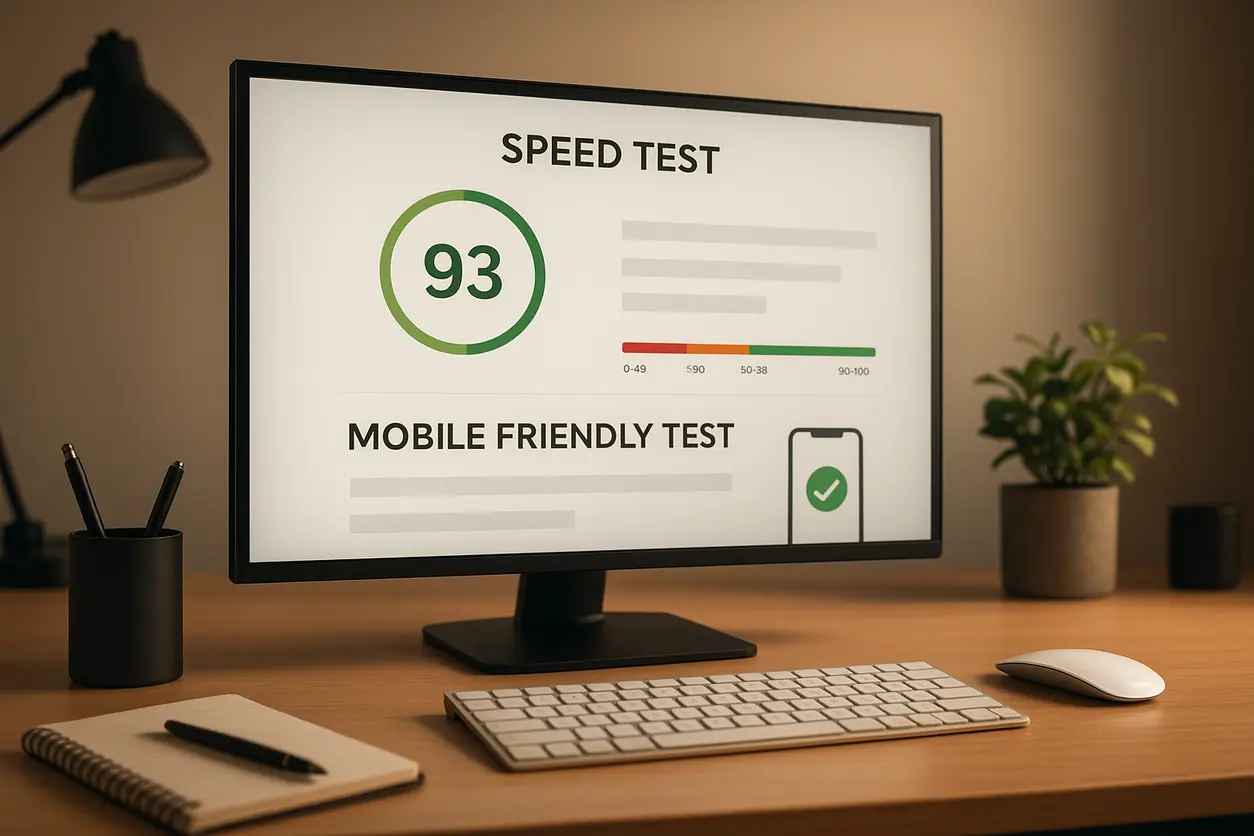 Modern office setup with computer screens displaying SEO analytics and website optimization dashboards