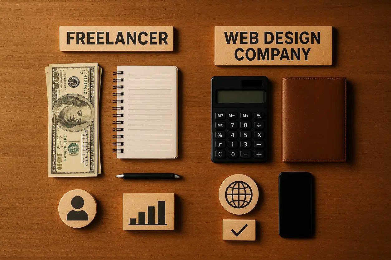 A detailed comparison table showing cost and service differences between freelancers and web agencies