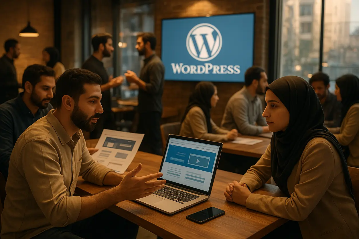 Workspace showing website design and development on computer screens in modern office