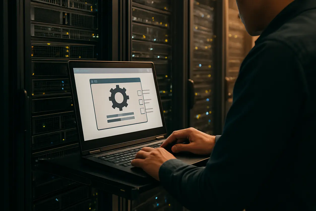 Specialist performing website support and maintenance for custom and template-based websites in data center