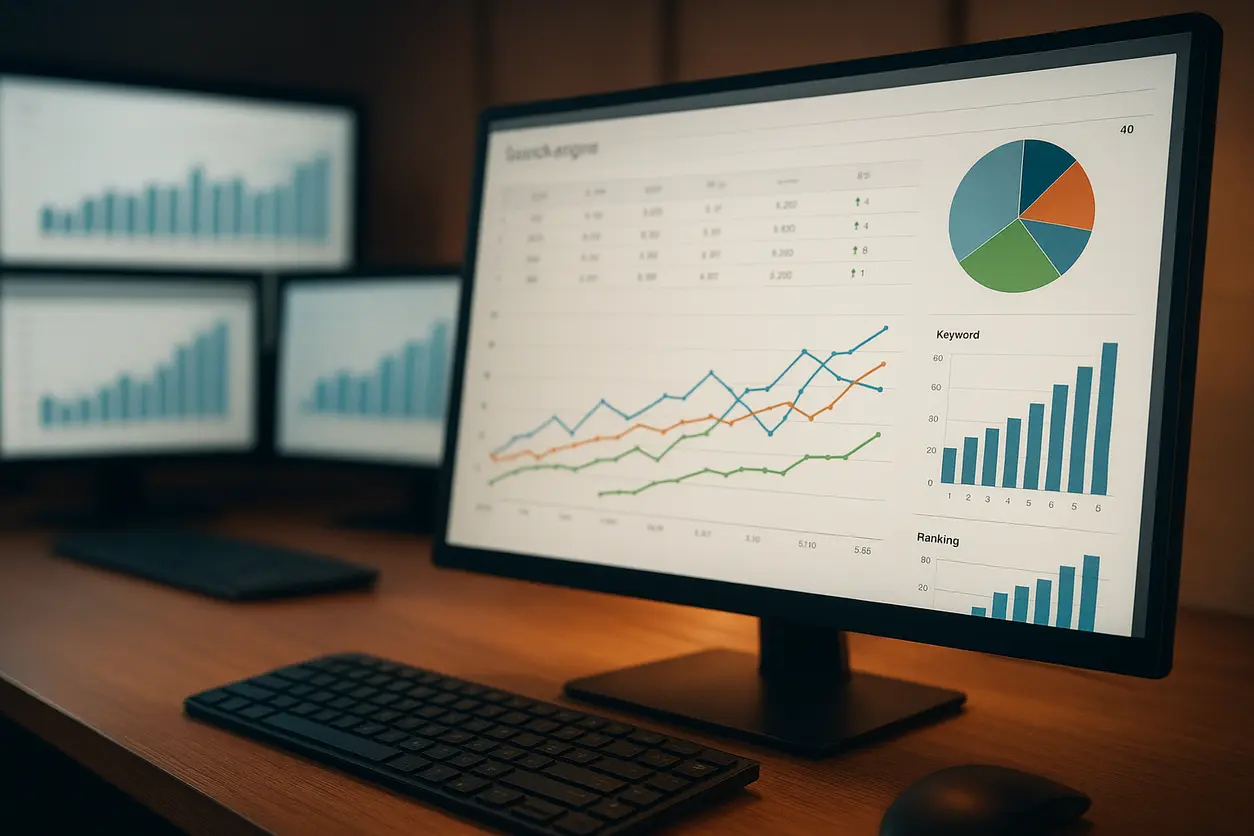 office setting with team analyzing SEO timeline on digital screens and charts