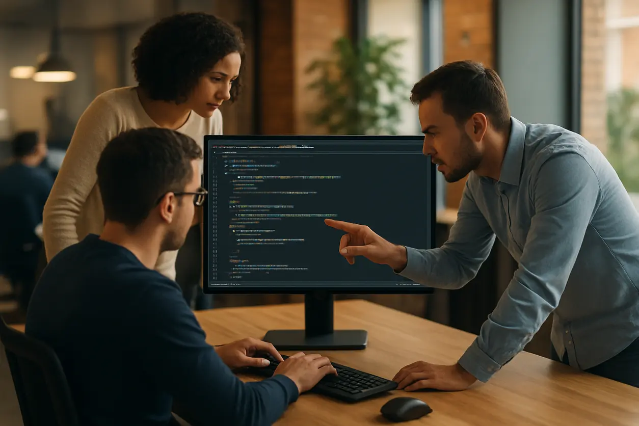 Comparing custom coding and WordPress website design on a computer screen in an office setting
