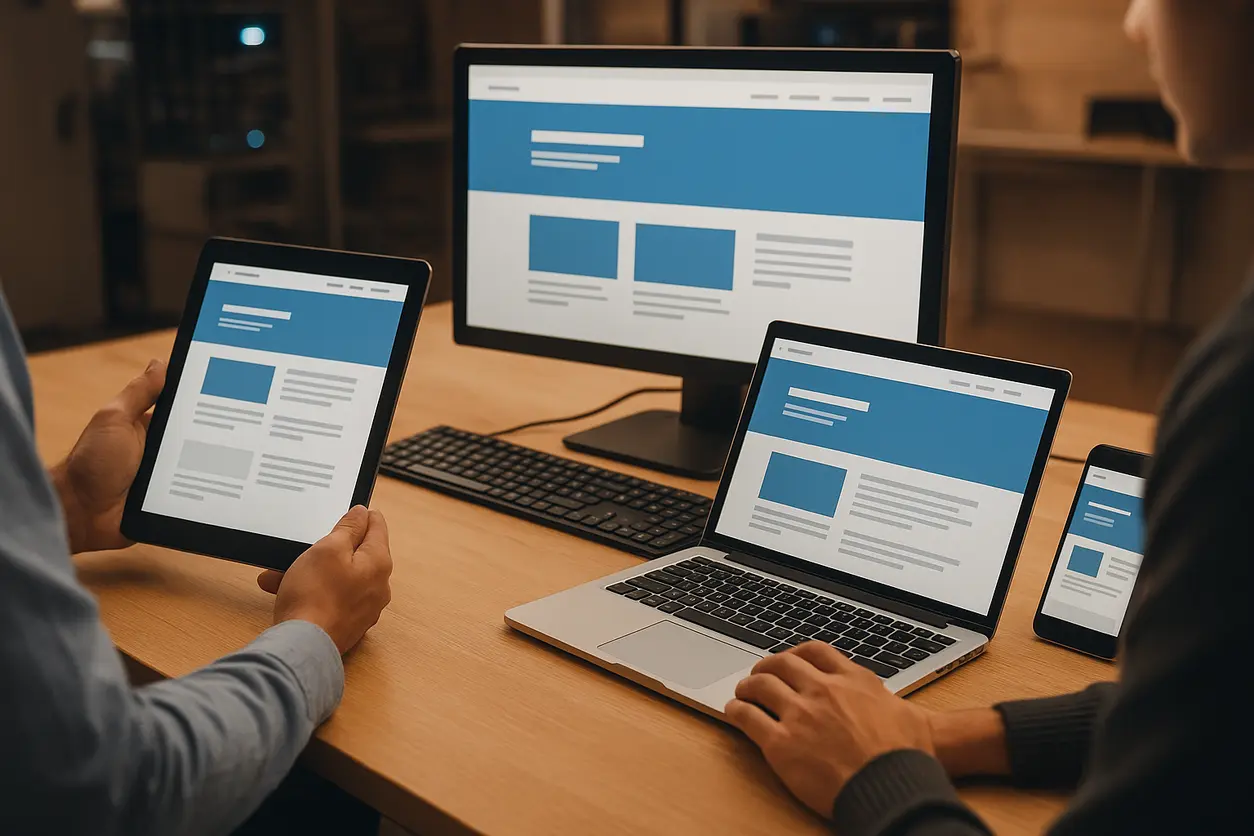 Web design professionals working on UI/UX design on computer screens with web development notes
