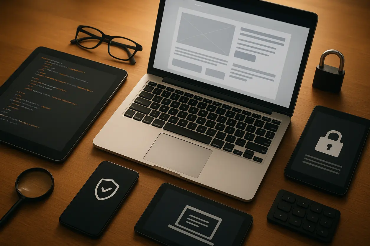 Computer screens displaying website design and coding in a modern workspace