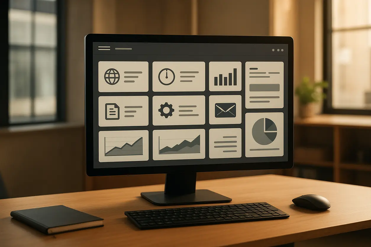Workspace with computer screens displaying corporate website designs and cost planning charts
