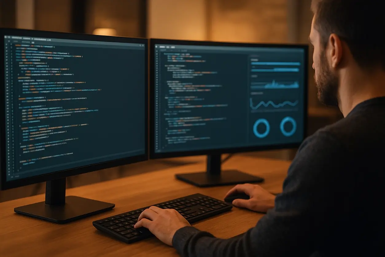 Comparison of custom-coded website and template website design on computer screens