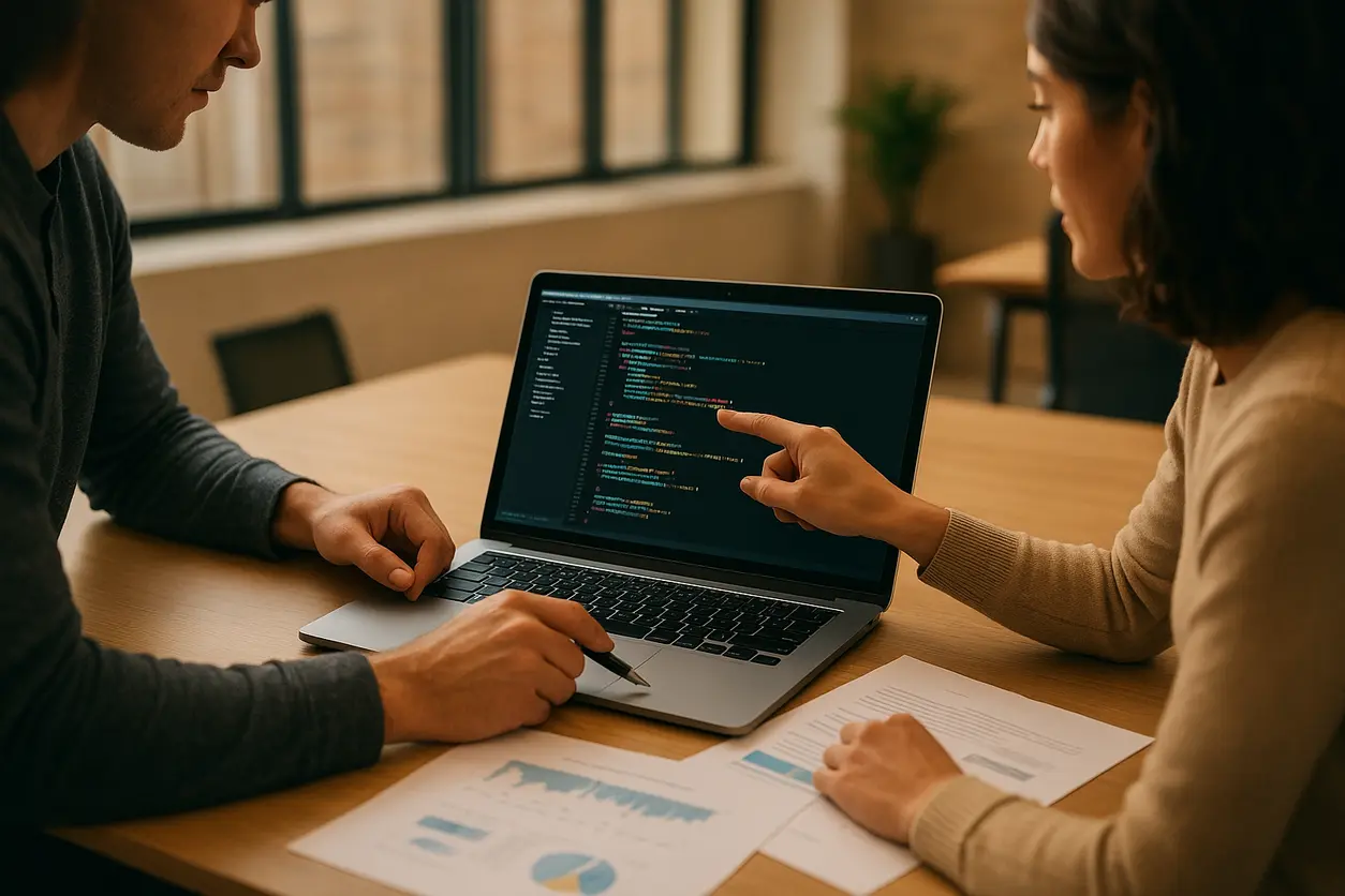 Workspace with monitors displaying website design and SEO data