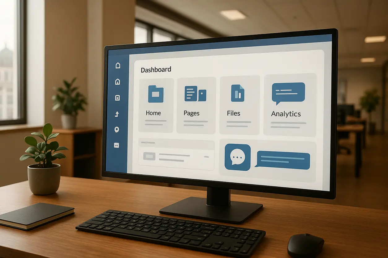 Desk with computer screen showing corporate website design planning in Tehran office