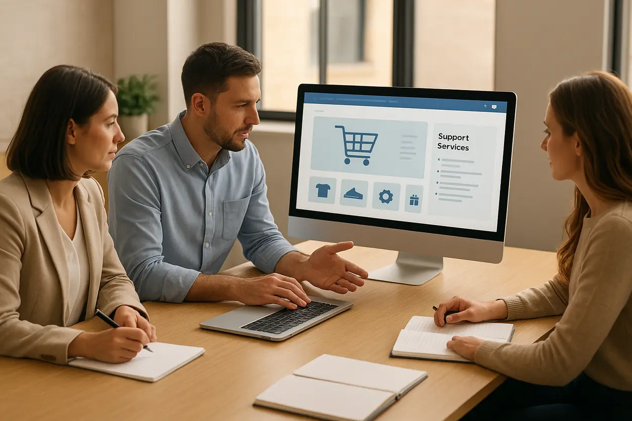 Designing e-commerce website on computer screens in modern office