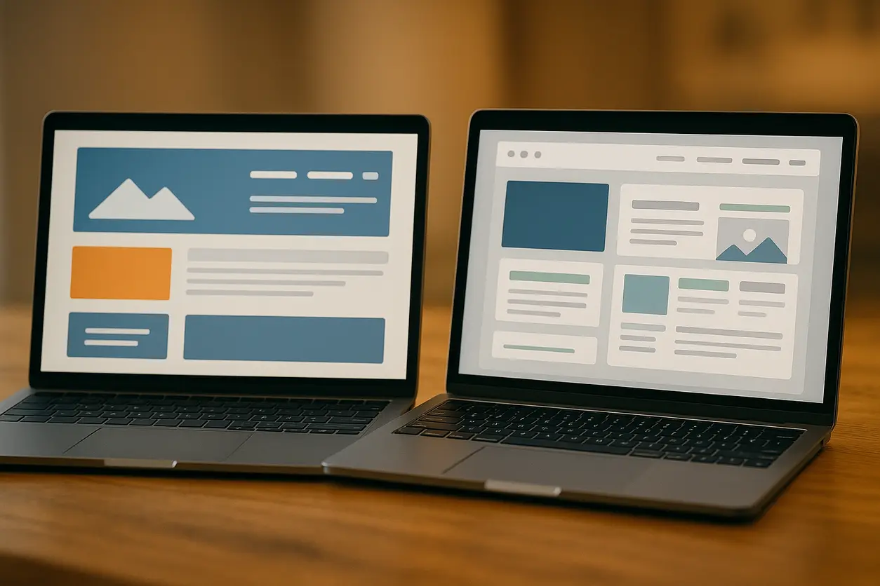 Web designers collaborating on a computer screen showing a website design interface