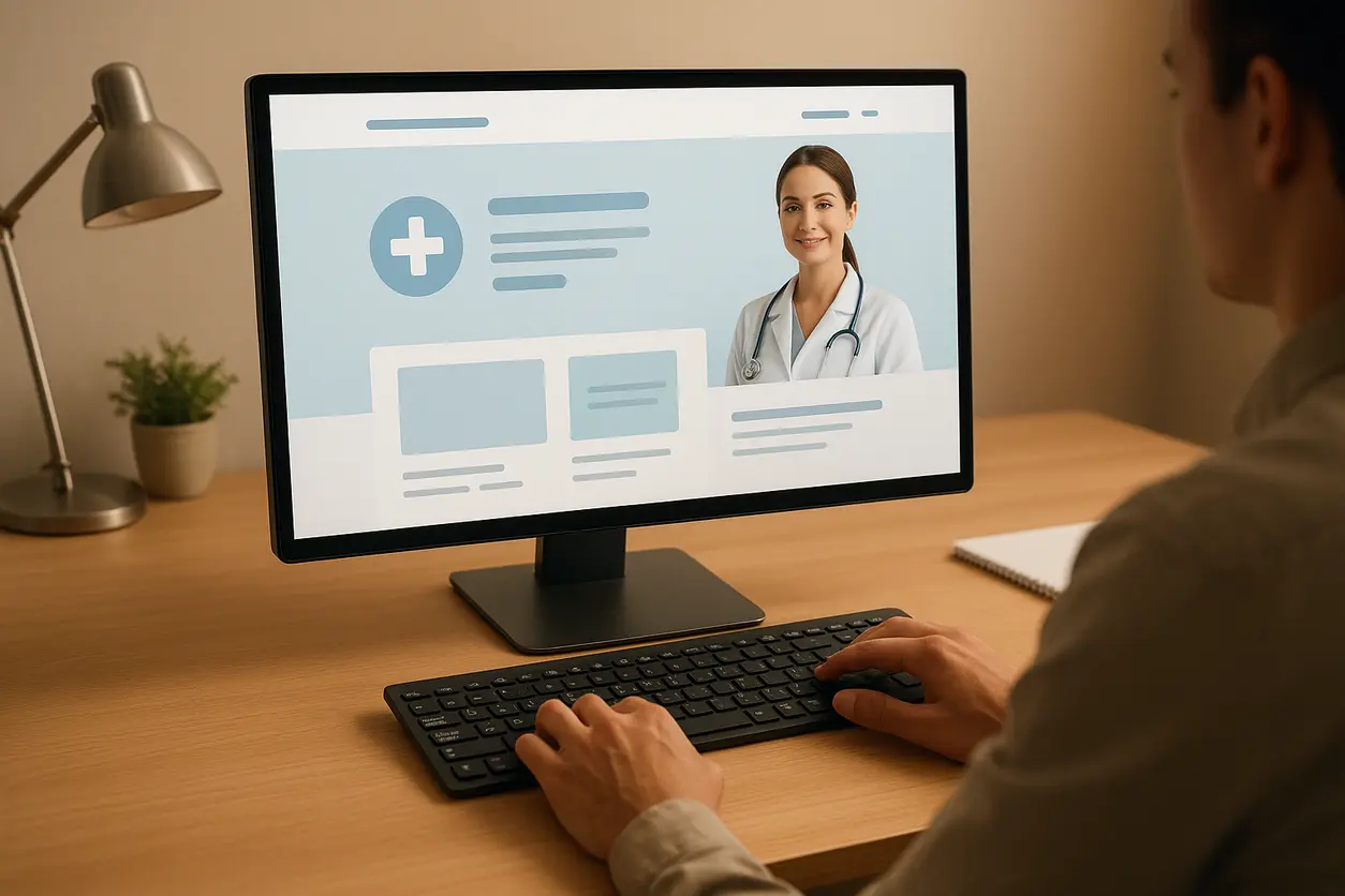 Modern office with computer screens showing medical and SEO analytics