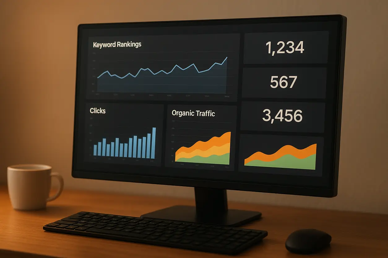 SEO report analysis with Google Search Console on a desktop monitor in a modern office environment