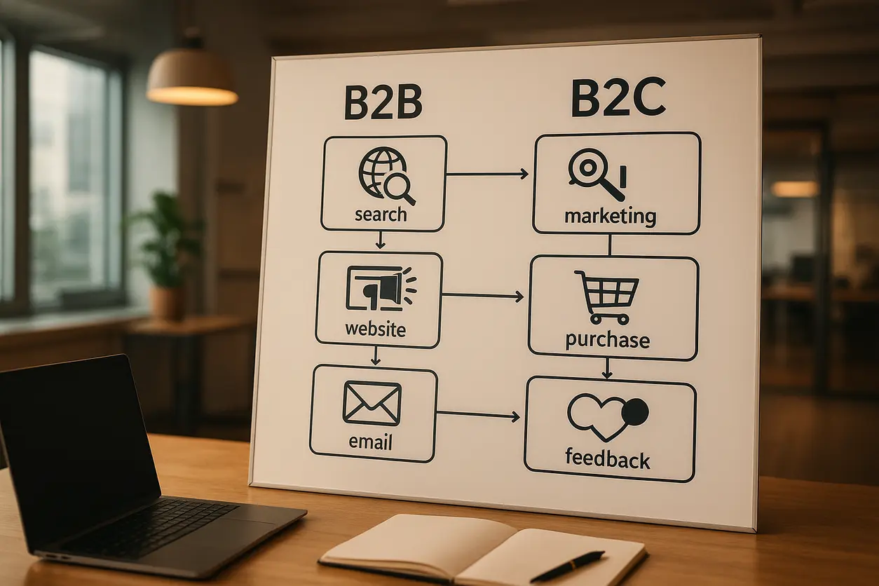 Illustration of digital marketing strategies for B2B and B2C companies on multiple screens