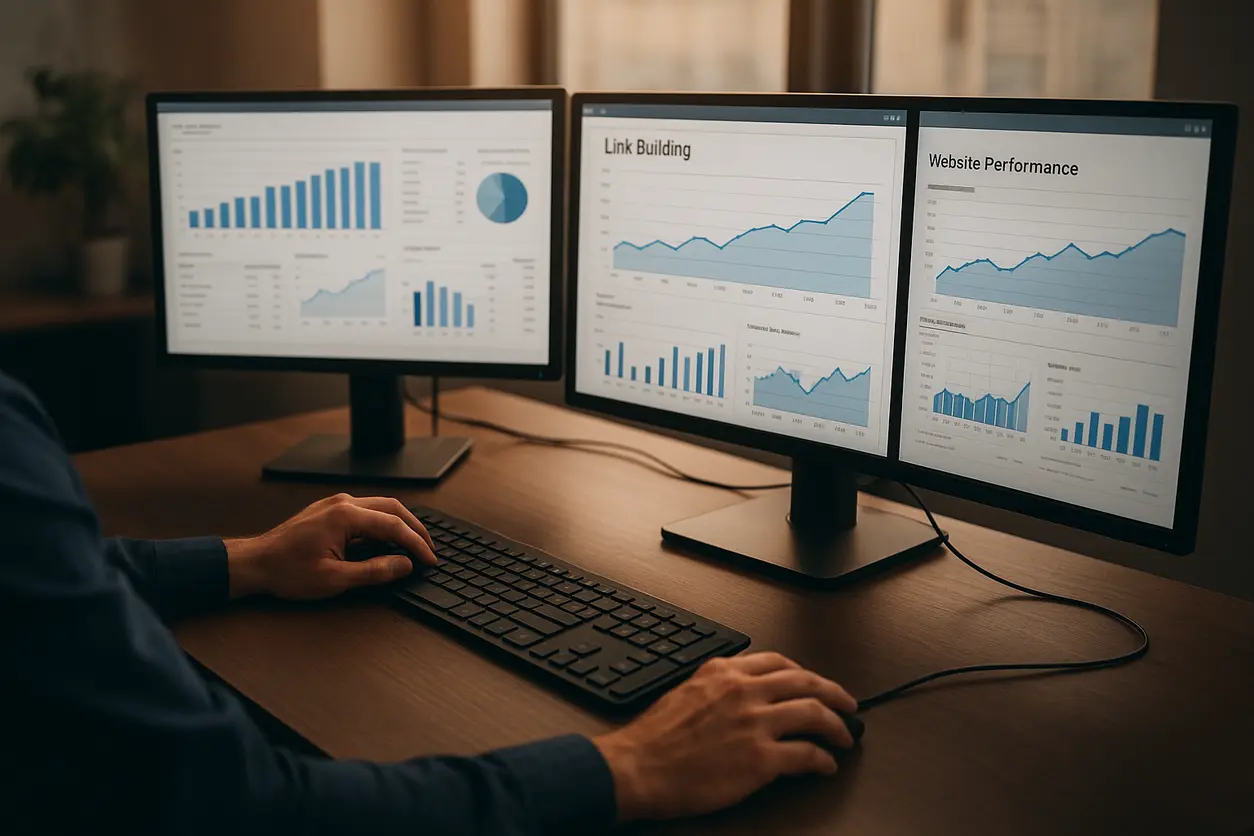 SEO strategy planning session with charts and coding screens