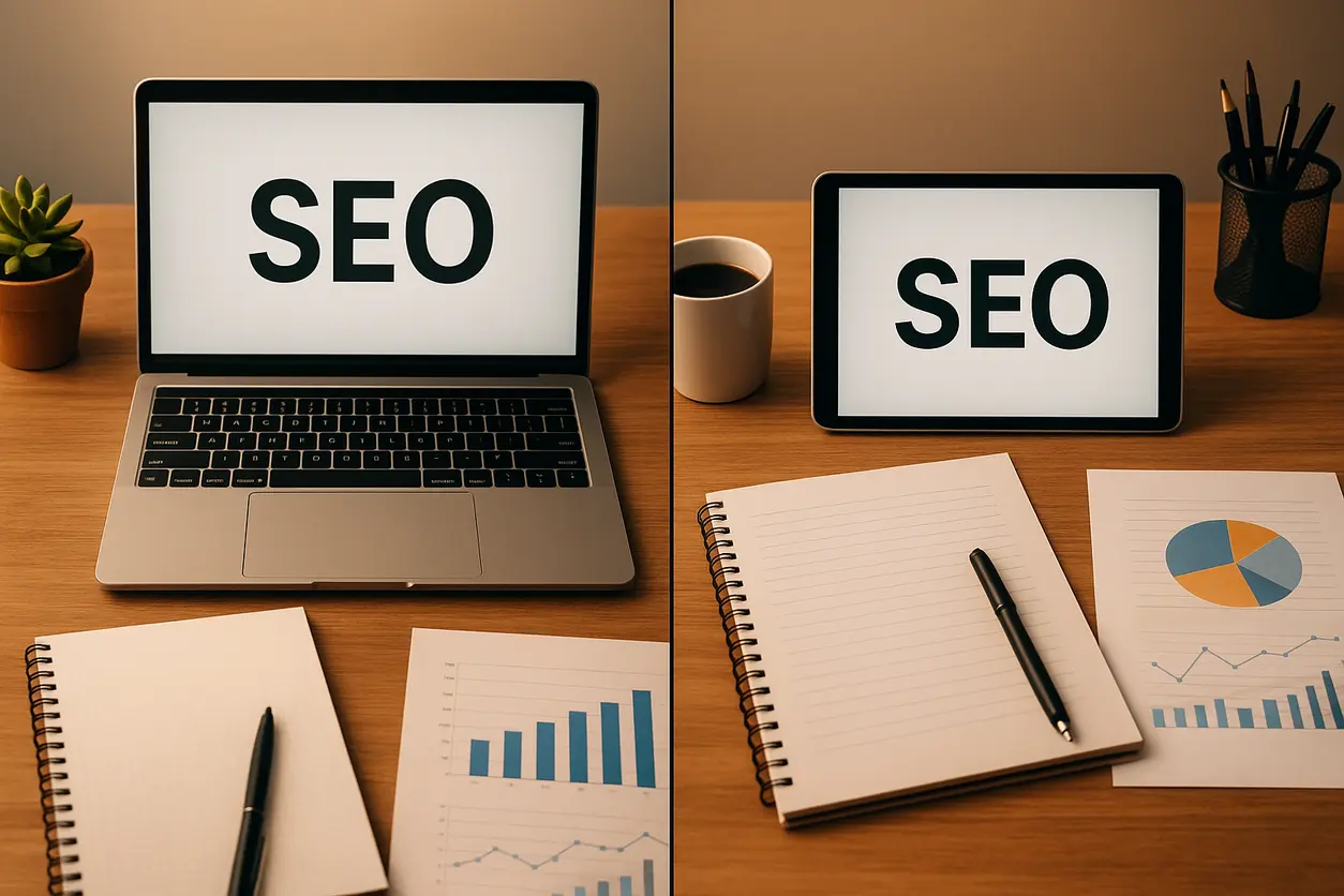 SEO strategy meeting in a modern office with digital marketing analytics on computer screens