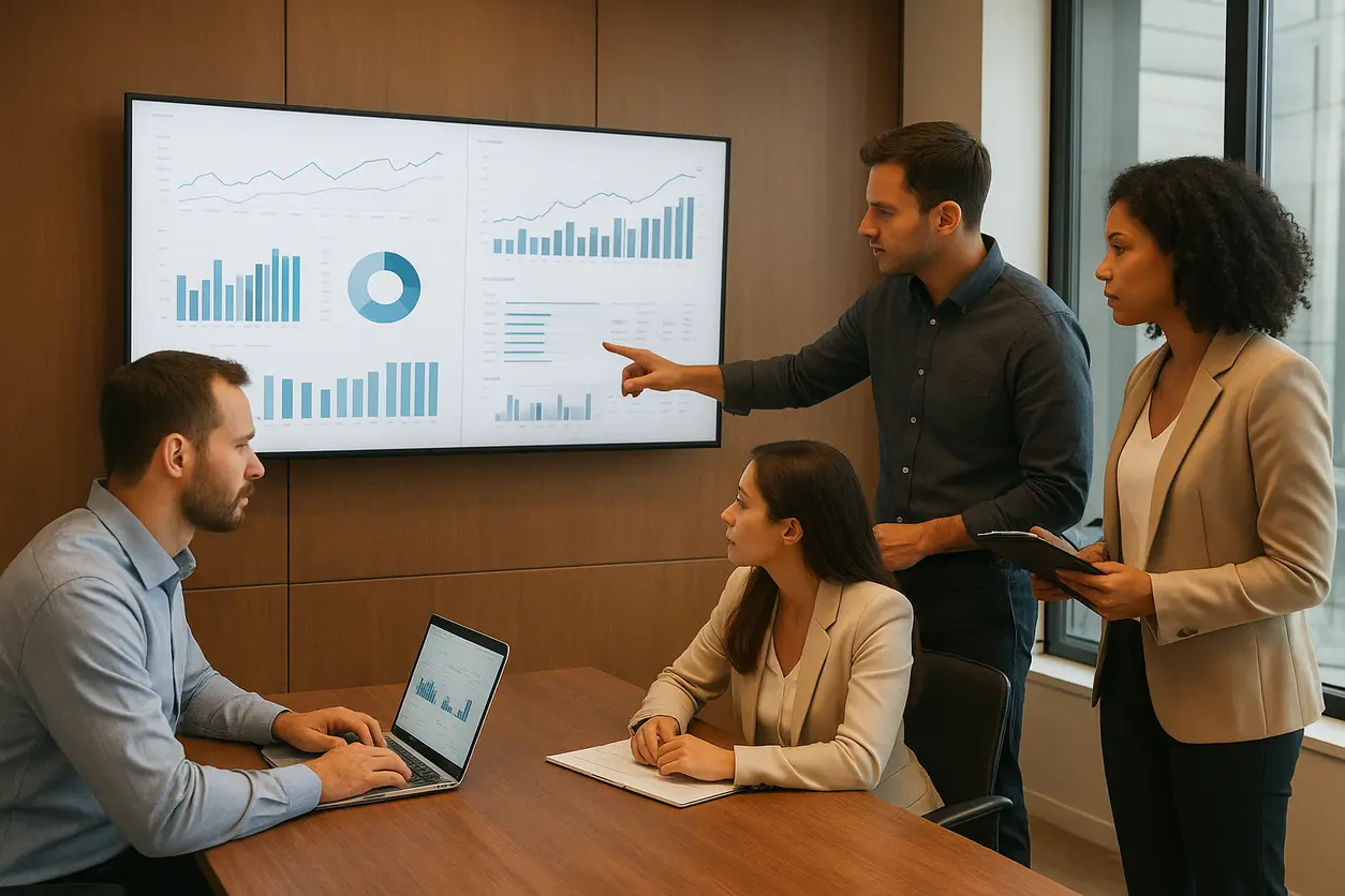 SEO specialists analyzing data on multiple screens in a modern office