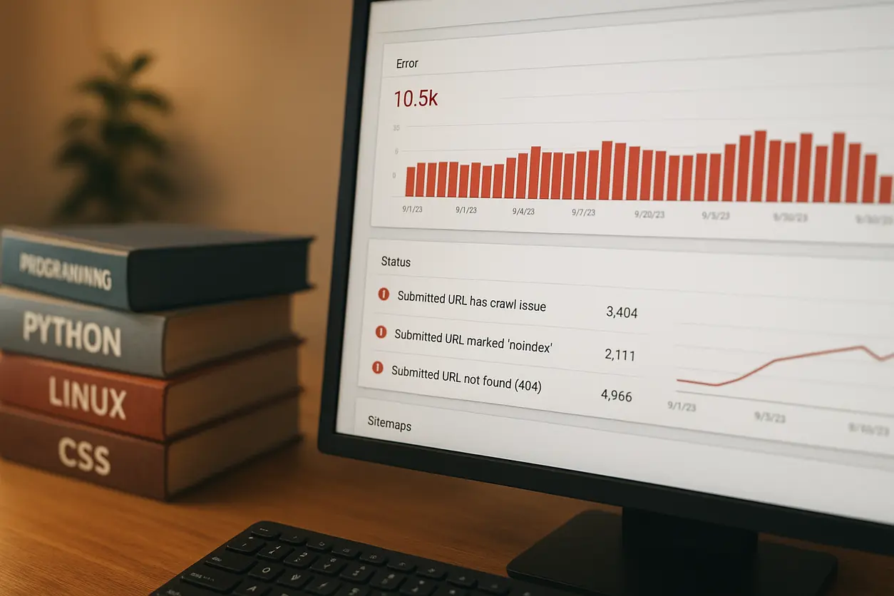 Workstation with multiple monitors showing code and SEO analytics in a modern office environment