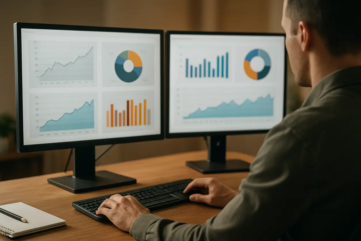 Computer screen displaying SEO proposal evaluation checklist with graphs and analytics in a modern office
