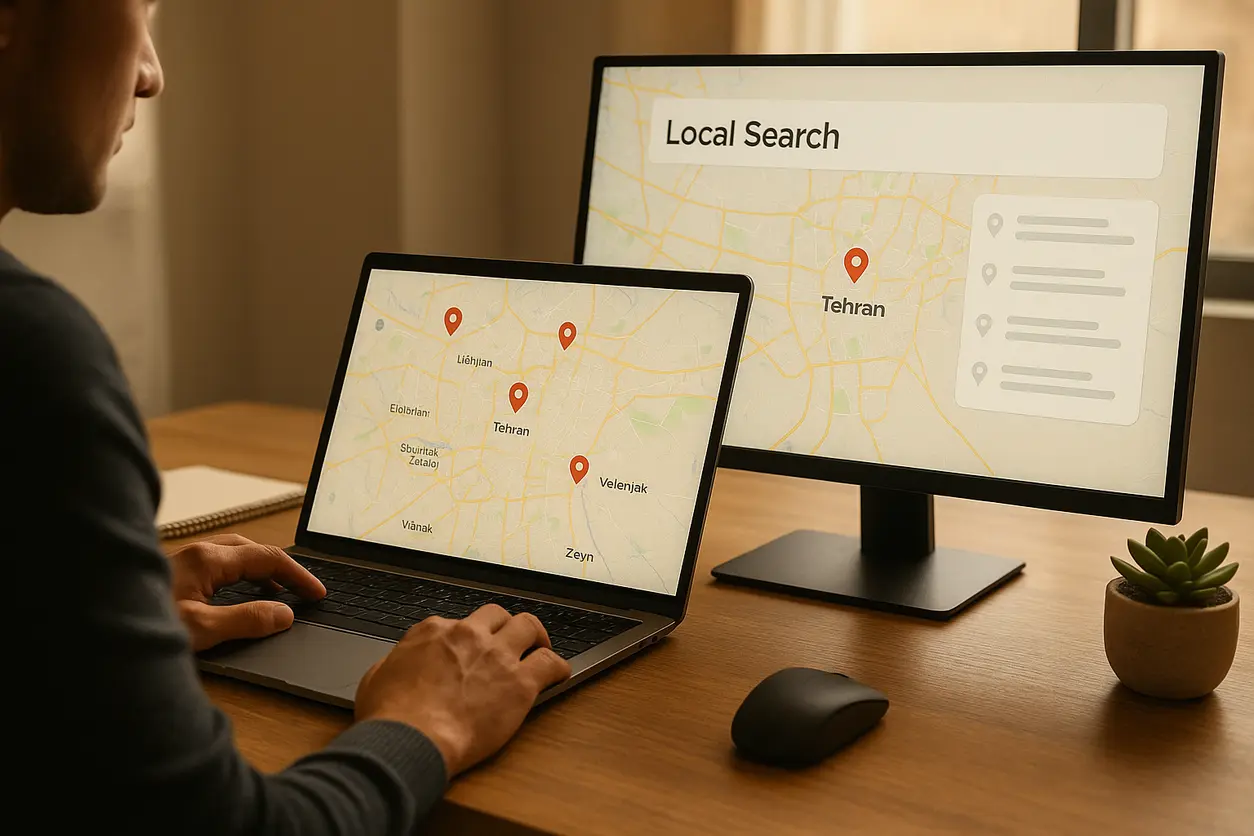 Workspace showing SEO analytics and optimization software on multiple monitors