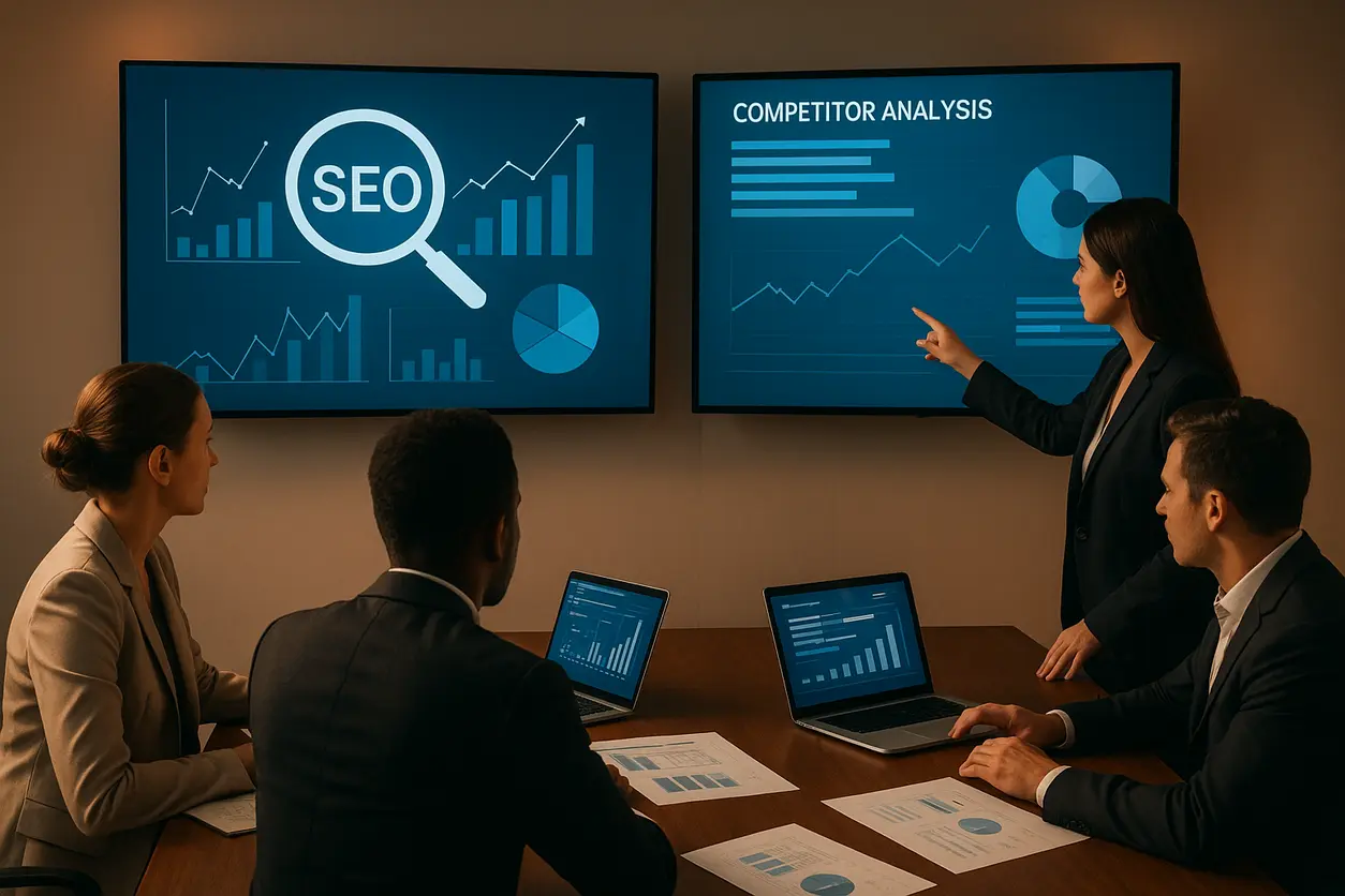 SEO professionals working on website optimization in a modern office