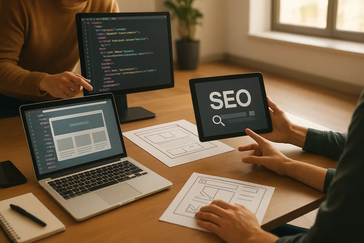 SEO team working on optimization strategies with data charts on screen