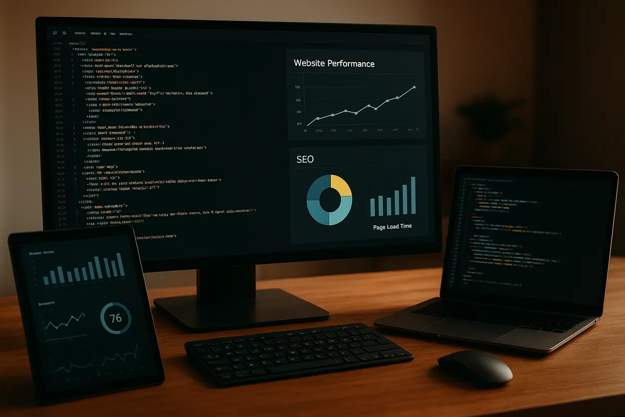 Modern office with SEO dashboard on computer screen and professionals collaborating