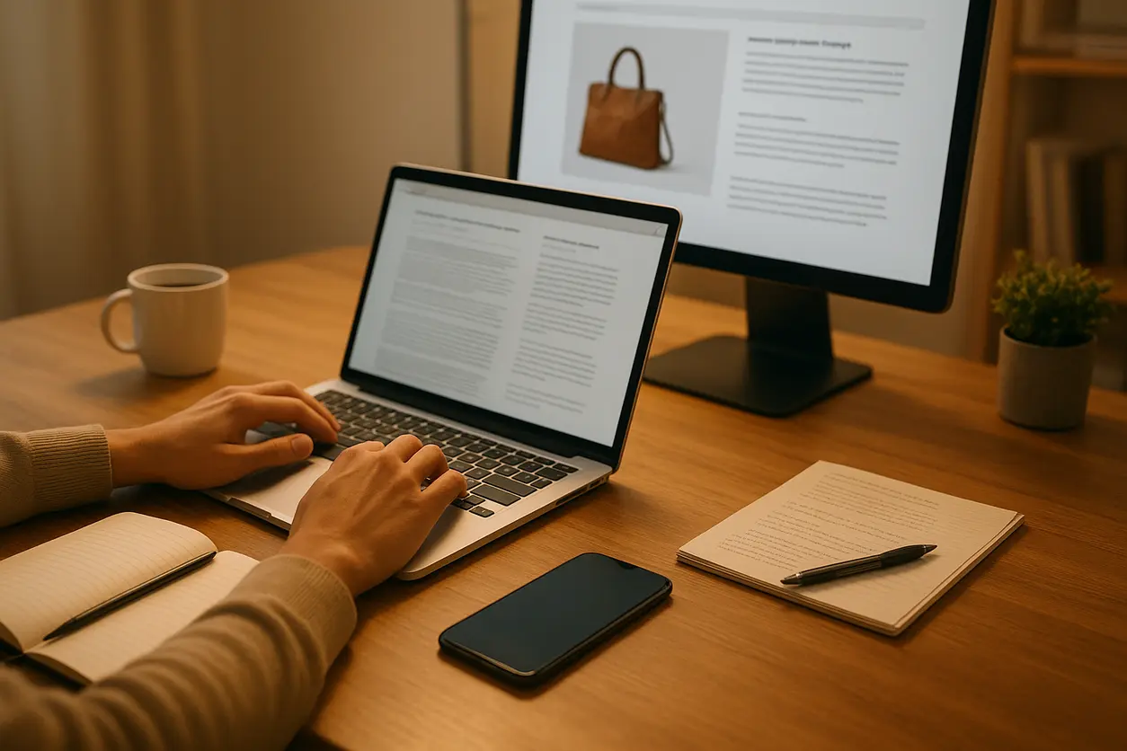 Workspace with screens displaying ecommerce SEO analytics and code editing environment