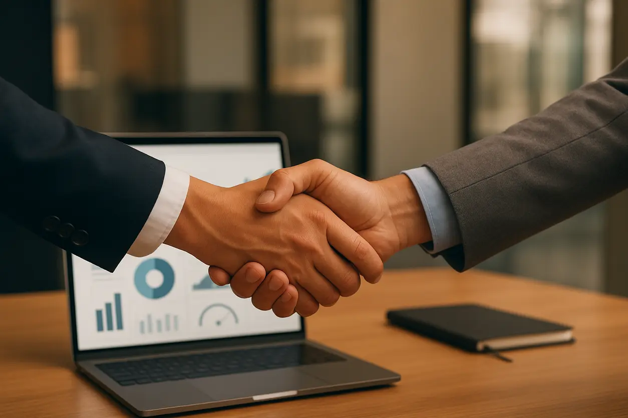 Contract negotiation for SEO services in a modern office setting